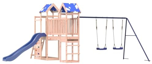 vidaXL Play Tower, Climbing Frame with Roof, Swings, Ladder, Slide Bridge, Children's Climbing Tower Play Accessories for Garden, Wooden Playground Playhouse, Solid Wood Douglas Fir