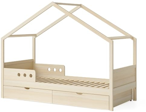 Bellabino Bela Kinderbett 90x200 cm – Hausbett mit Rausfallschutz & Lattenrost – Kinder Bett mit großer Schublade für Jungen und Mädchen aus Holz – Montessori Kinderhausbett in Natur mit Stauraum