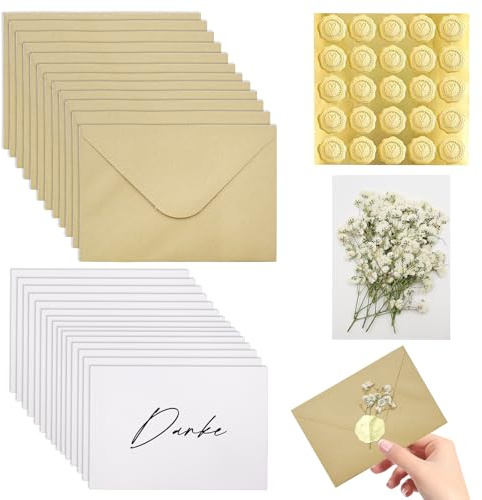 BEELUKY tackkort 25 stycken tack kort med 25 guldförseglingsklistermärken och 25 kraftpapper kuvert och 25 torkade blommor tack kort för familj lärare vänner kollegor (15 x 10 cm)