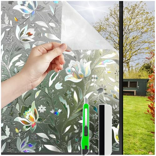 HONLONE Fensterfolie Bunt, 44,5x200cm Milchglasfolie Selbstklebend Fenster Blumen Tulpe, Sichtschutzfolie Fenster Innen 3D Regenbogen, Fensterfolie Blickdicht Anti UV Für Büro Wohnzimmer Schlafzimmer