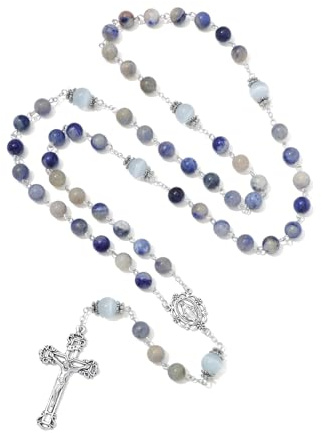 Komi 8MM Blue Stone & Cat's Eye Beads Catholic Rosary Necklace for Women, Religious Gift with Pouch