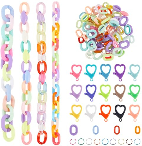 SOFPLATE 475 pz Catene A Maglie In Acrilico Anelli di Collegamento Gioielli con Fermagli A Moschettone Ovale Assortiti Colorati Trasparente Apri Kit di Connettori A Maglie Rapide per La Creazione di G