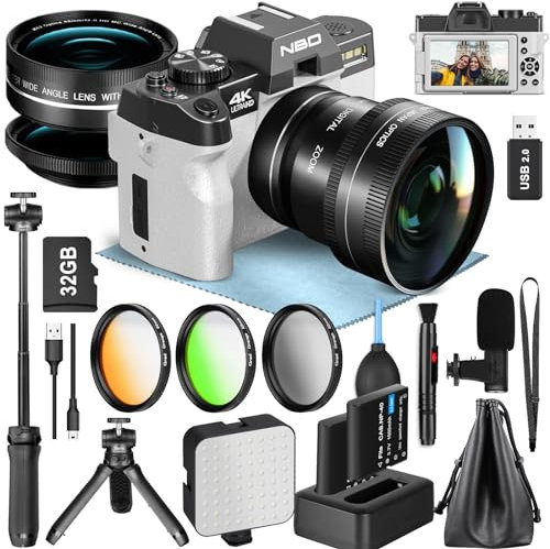 NBD 4K Digital Photography Camera - 48MP/120FPS Video, Wi-Fi & App Control, 16X Zoom, Macro & Wide-Angle Lenses, Autofocus, Webcam Function, Includes 16 Accessories, 32GB SD Card & 2 Batteries(White)