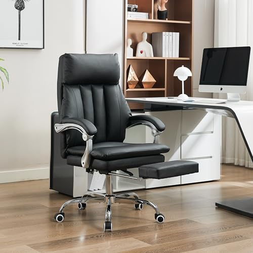 UEV Silla Ergonómica con Reposapiés, Silla de Oficina de Piel Sintética Que Combina Comodidad y Funcionalidad, Sillón Reclinable con Cojín Grueso, 63 x 61,5 x (115-124) cm, Negro