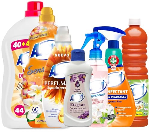 7 Piece Orange Bundle Spanish Cleaning Products Giftset Kit, Degreaser, Scent Booster, Floor Cleaner, Liquid Air Freshener Drops, Sensations Fabric Softener, Laundry Detergent, White Jasmine