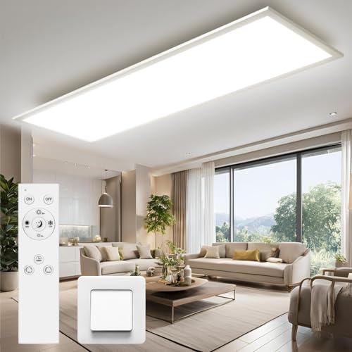 Omdekor Plafón LED 120x30cm Panel LED con mando a distancia Plafón regulable, cambio de temperatura de color (blanco cálido - blanco frío), 40W lámpara de salón