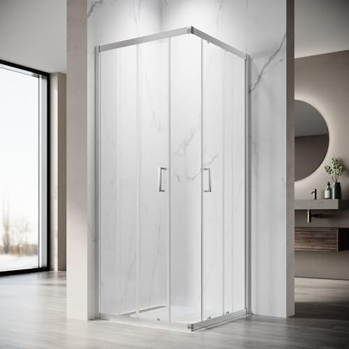 SONNI Duschkabine Eckeinstieg mit Schiebetür, 100x100 cm, 5mm ESG Sicherheitsglas, Duschabtrennung inkl. Nano Beschichtung, ohne Duschtasse, Verchromt