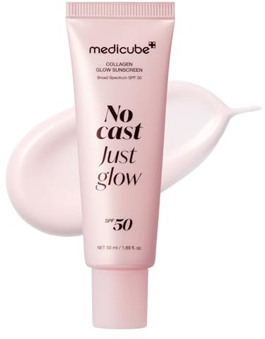 medicube No Cast Just Glow Collagen Sunscreen | SPF 50 Broad Spectrum Face Sunscreen | Lightweight, Non-Sticky, Hydrating Formula | Peptide, Cica for Soothing & Glow | Korean Skincare