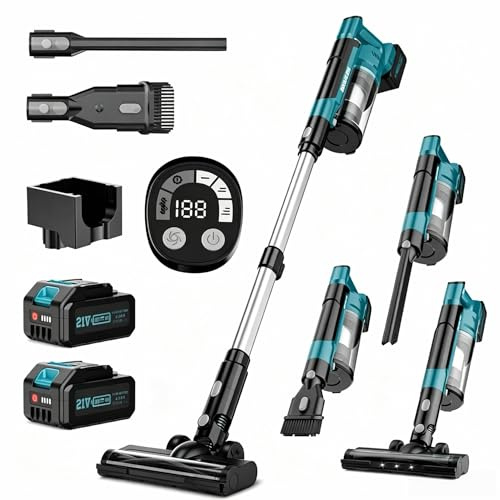 denqir 60KPA/700W Aspiradora Sin Cable Potente, 70Mins Escoba Aspiradora Sin Cable con Baterías Desmontables de 2 * 4,0Ah, Cepillo Anti-Enredo,Pantalla LED, para Mascotas/Suelos/Alfombras/Coche