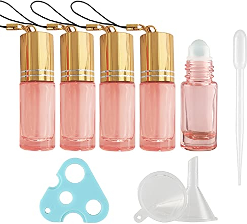 TIANZD 5 Stück Leere 5ml Rosa Glas Roller Flaschen mit Gold Schraubverschluss, Roll-On Glasflaschen mit Glasroller für Ätherische Öle Essential Oil mit Trichter Öffner Pipetten