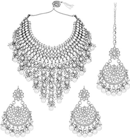 Aheli Elegant Indian Wedding Wear Faux Kundan Studded Necklace with Maang Tikka Ethnic Fashion Bharatanatyam jewellery set for Women