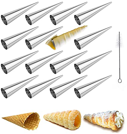Joyeee 16Pcs Cream Horn Molds with Cleaning Brush, Stainless Steel Cone Roller Cannoli Forms Mold for Baking Cannoli Shell, Crispy Pastry for Christmas Birthday Party Gifts, 5-inch Large Size
