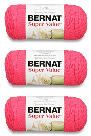 Bernat Super Value Peony Pink Yarn - 3 Pack of 198g/7oz - Acrylic - 4 Medium (Worsted) - 426 Yards - Knitting/Crochet
