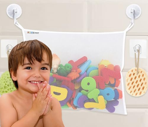 Bath Toy Net 18x16 Inch Kids Bath Tub Toy Holder, Corner Mesh Bag, Baby Bathtub Storage Organizer, Large Bathroom Bucket Bin, Toddler Shower Caddy Hanging Basket, 2 Suction Cups 2 Adhesive Wall Hooks