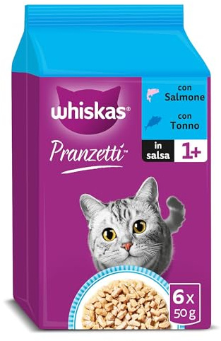 Whiskas Pranzetti Selezione di Pesce 1+ Adulto, Cibo Umido per Gatto, 12 Confezioni ognuna da 6 bustine x 50g (72 Pezzi in Totale)