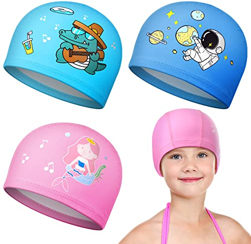 3 Stück Kinder Badekappe Meerjungfrau Astronaut Dinosaurier Schwimmkappe Dehnbare wasserdichte Badekappe für Kinder im Alter von 5-14 Jungen Mädchen Langes kurzes lockiges Haar, 3 Stile