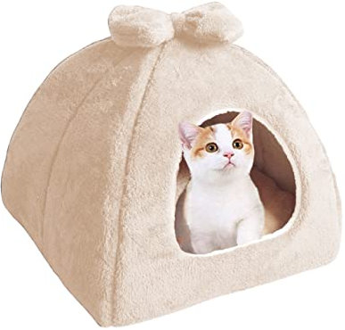Haustierhöhle, Katzenbett, Haus, Hundeunterstand, Haustierzelt, Hausbett, rutschfestes, abnehmbares Hundekissen, Katzen, Iglu, weiches Haustierbett, Haus (35 x 35 x 30 cm, Beige)
