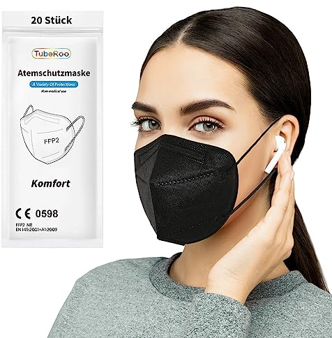 TubeRoo FFP2 Maske Schwarz 20 Stück Masken, Versand aus Deutschland, weiche runde Ohrschlaufen Bänder, Atemschutzmaske, Mundschutz, Staubmaske, Feinstaub, Feinstaubmaske, Staubschutzmaske