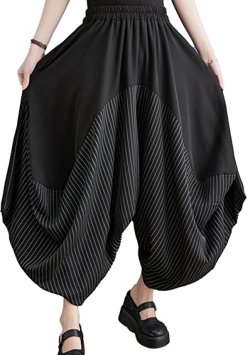 ellazhu Women's Elastic Waist Solid Color Wide Leg Black Harem Pants GZ128