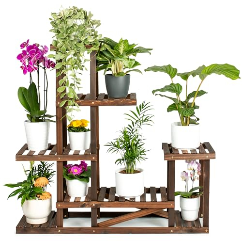 TTL HOME Skyline Étagère à plantes en bois naturel marron 96 x 97 x 25 cm Hauteur 96 cm 7 plateformes sur 5 niveaux Étagère à fleurs Étagère à fleurs Étagère pour plantes Escalier de fleurs pour