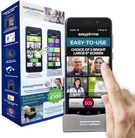 Easyphone® Easy To Use Simple Smartphone For Elderly & Seniors All networks No Contract Mobile Phone 6.5 Bright Screen Loudspeaker, SOS GPS, 4G UK Helpline Includes Case WhatsApp Charging Dock