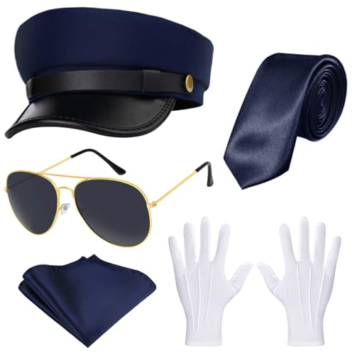 Honic Chauffeur-Accessoires: Limo-Fahrerhut, Fliege, Weiße Handschuhe, Schwarze Sonnenbrille - Unisex, Erwachsene (unisex), Halloween, Wedding