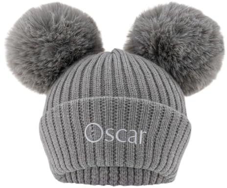 Lobeko Personalised Baby Hat, Double Faux Fur Poms, Knitted Beanie Grey