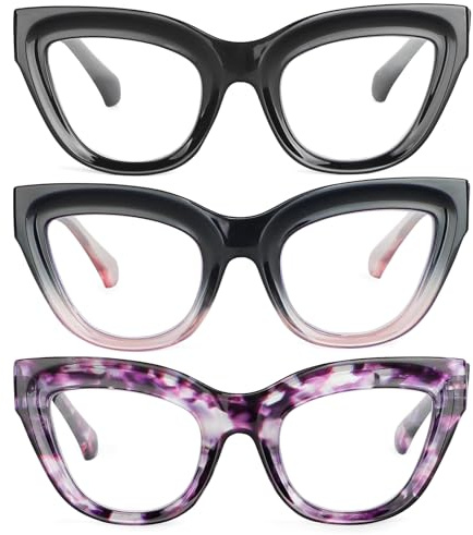 kollyseek 3 Pack Occhiali da lettura donna Anti Light Blue Cat Eye Computer Lettori con cerniera a molla (2.0, Nero, rosa, viola)