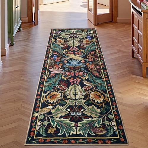 TUKDAK Hallway Runner Rugs Dark Blue 60×180cm, Birds Kitchen Carpet Runner with non-slip Rubber backing, Washable Long Hall Carpet Floor Mat for Entryway Bedroom Laundry Living Room Non Shedding