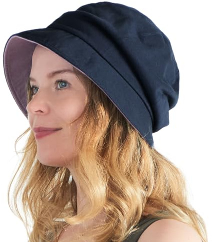 CHARM Donna Cappello da Sole Cotone Organico - Reversibile Berretta Ragazze Moda Giapponesa Elastico Viola & Blu Marino
