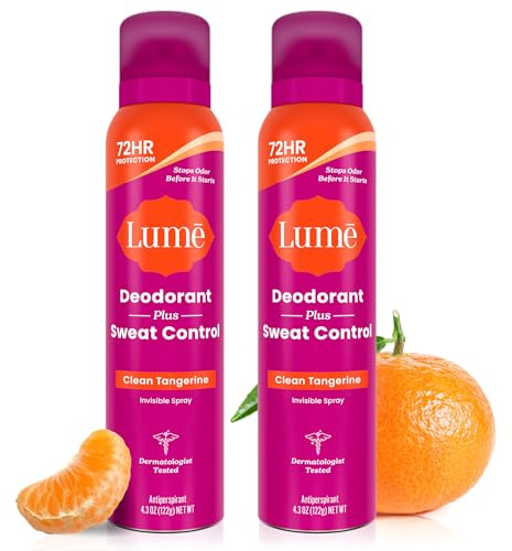 Lume Deodorant Plus Sweat Control - Invisible Spray - Extra Strength Antiperspirant For Underarms - 72 Hour Odor And Sweat Control - Baking Soda Free - 2 Pack (Clean Tangerine)
