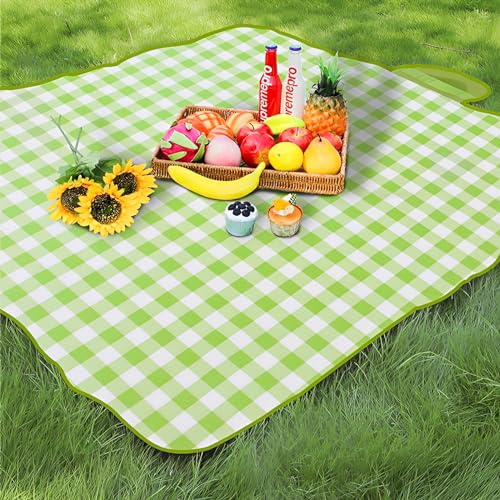 TFSZE Picknickfilt 300 cm × 200 cm, hopfällbar strandmatta, bärbar picknickfilt med handtag, tvättbar picknickmatta, grön pläd, lämplig för vandring resor camping parker