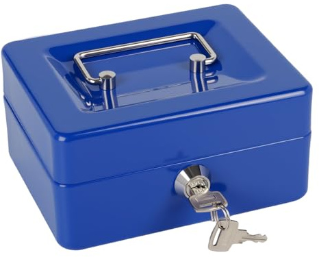 Money Tin Box with Key, Portable Cash Box with Coin Tray, Small Cash Tin for Home, Office and Events (Blue-small)