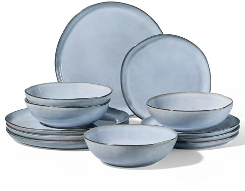 Homikit 12-Piece Dinner Set, Reactive Glaze Stoneware for 4, Pearl Blue | Irregular Shape Plates and Bowls Set for Home Dinner Camping, Non-Toxic & Scratch Resistant, Microwave and Dishwasher Safe
