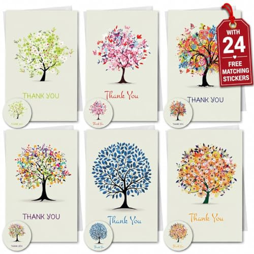 SIMPLY GIFTED Thank You Cards Multipack of 12/24 with Envelopes & Matching Thank You Stickers -6 Tree Designs 10x15cm Blank Inside No-Smudge Writing -Thankyou Cards for Teachers Kids -Made in UK