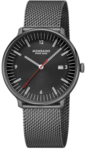 Mondaine Doppio klocka 41 mm svart, schweizisk kvartsrörelse, datumvisning, 5 ATM, boett i rostfritt stål (91% återvunnen), mesh-armband – Swiss Made Elegans