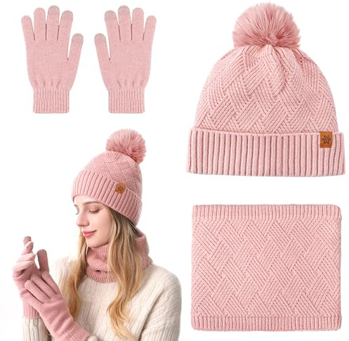 Qzakce Hat Scarf Gloves Set Winter Warm Knitted Beanie Hat Touchscreen Gloves Thick Fleece Scarf Neck Warmer for Women Ladies Girls 3 Pack Pink