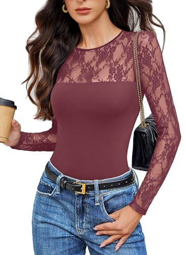 Avidlove Body Suits for Womens Lace Long Sleeve Crew Neck Body Suits Going Out Tops Concert Date Outfits