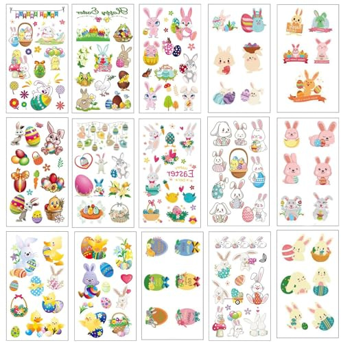 15 Sheets Aufkleber Ostern, Ostereier Sticker, Osterhasen, Eierfarben Ostern Kinder, Kleine Geschenke für Ostern