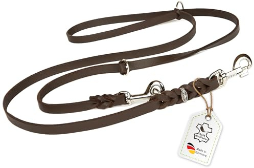 Hundeleine Leder 2m große Hunde Fettlederleine [3-Fach Verstellbar] Lederleine geflochten – robuste Leine Hund mit Chrombeschlägen, Führleine Hund & Freihandleine zum Umhängen, Dog Leash Braun 20mm