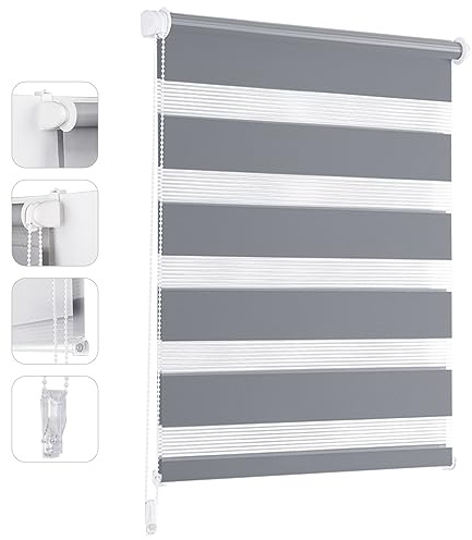 Sekey Store Enrouleur Jour Nuit sans Perçage 55cm x 130cm Grise Stores zébrés de Protection Solaire Facile à Installer avec Clips pour Fenêtre ou Porte