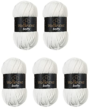 Wollbiene Softy - Super Bulky - Lot de 5 pelotes de laine à tricoter pour bébé - 100 g - 500 g au total - Blanc 01