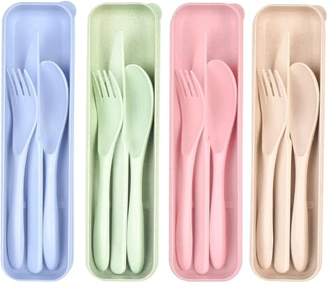 Travel Cutlery Set with Case Plastic Reusable Cutlery Set for Camping Travel Picnic Office School Lunch Box (4 Color)
