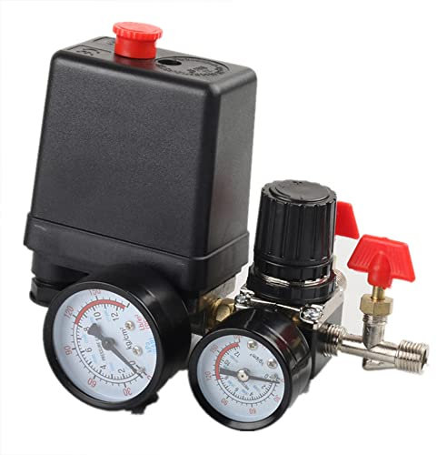 Tiardey Presostato Válvula de Control del compresor de Aire 90-120PSI+Regulador de presión,Compresor de Aire Válvula de Salida Cuadrada de Cuatro Orificios Válvula de Seguridad de 2 Puntos