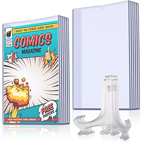 Comic-Buch-Vitrinen-Set, inklusive Comic-Buchhüllen und transparenten Kunststoff-Staffeleien, 19.1x27.7 cm Zeitschriftenschutz für Sammler, Displayständer, Bilderständer für Dekoration (10 Stück)