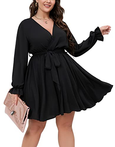 SCOMCHIC Women's Plus Size Long Sleeve Wrap V Neck Tie Waist A Line Mini Dress Black