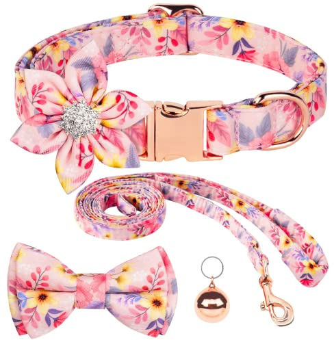 AUAUY Collare per Cani, Collare Per Cani Con Motivo Floreale Regolabile Con Papillon Staccabile Con Strass, Guinzaglio E Campanello Per Cani Di Piccola, Media E Grande Taglia (Rosa-S)