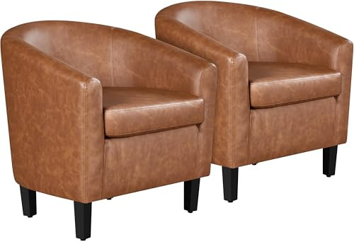 Yaheetech Brown Accent Chairs Set of 2, Faux Leather Barrel Chairs, Comfy Modern Leather Club Armchairs with Soft Seat for Living Room Bedroom Reading Waiting Room, Brown