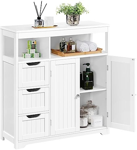 Yaheetech Mobile da Bagno Armadietto da Terra 80,5 × 30 × 86,5 cm con Cassetti e Ripiano Regolabile Mobiletto con Ante da Soggiorno Salotto Credenza Cucina Bianco