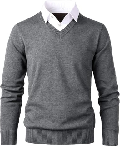 Herothorn Stickad tröja för män mode pullover mjuk touch v-ringad tröja topp med rutig eller vit stoppad skjorta krage